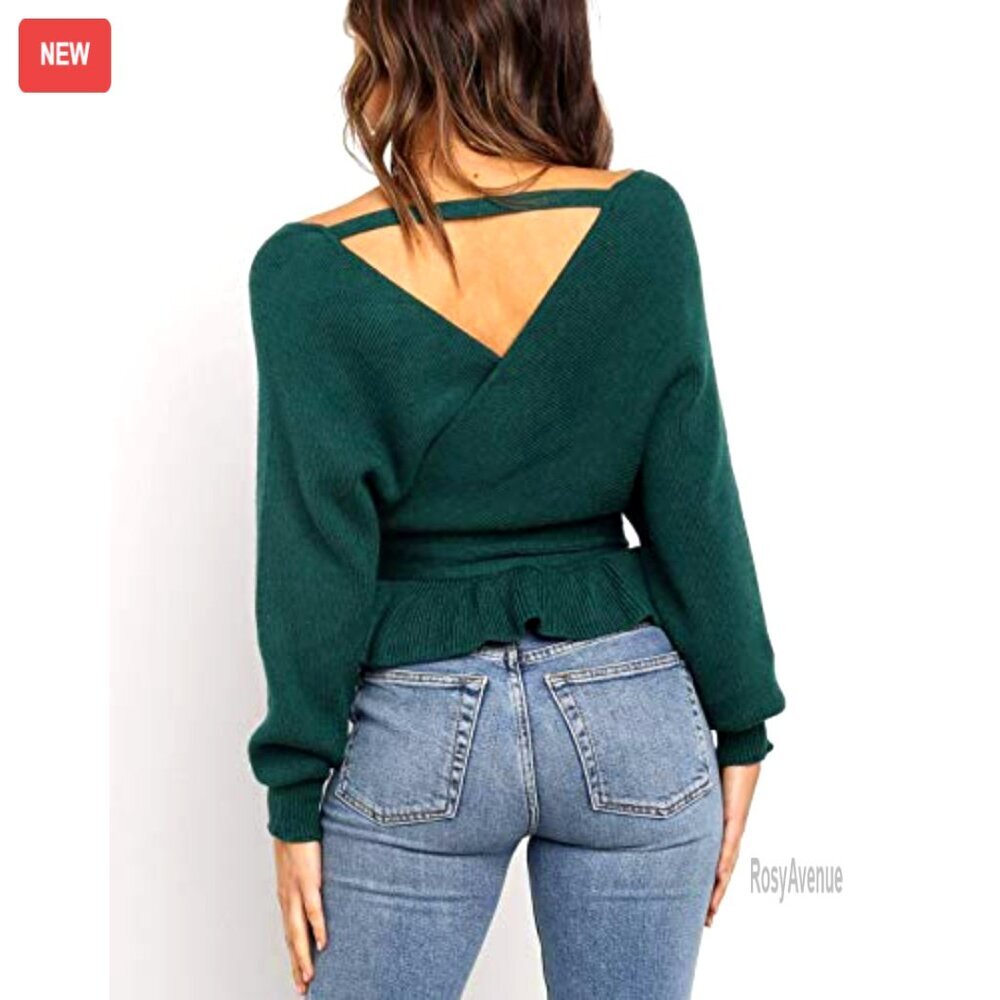 Wrap V Neck Batwing Sleeve Belted Knit Sweater Top Size S-XL - Picture 3 of 7